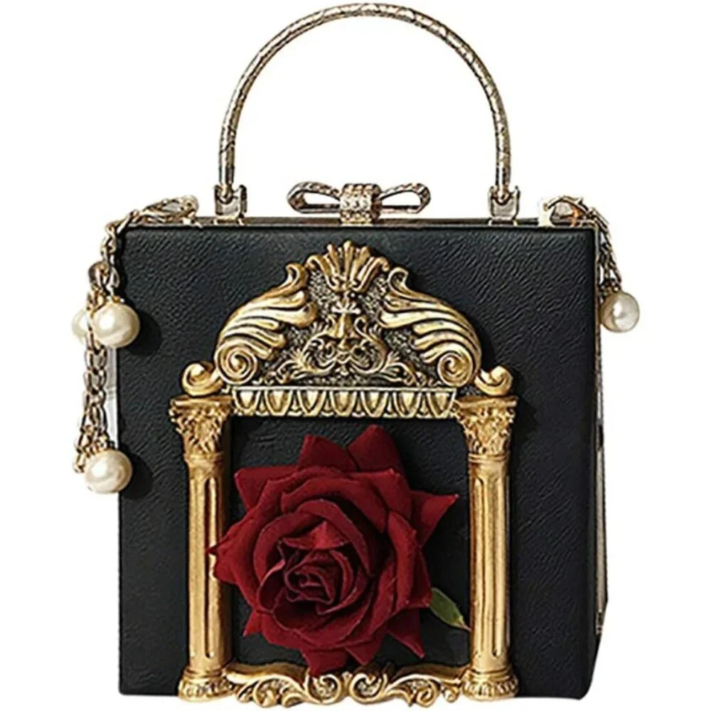 ⚡Women's Black Gold Love Angel Evening Rose Embossed Formal Crossbody Clutch Bag
